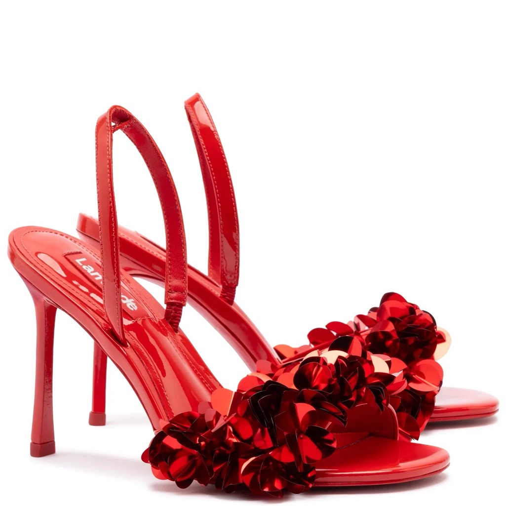 New Nwob Larroude Morgan Sandal Heel In Scarlet Red Patent Leather Sequins